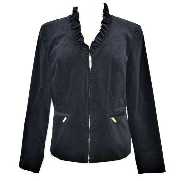 Jones New York Velvet Evening Cocktail Jacket Dress Ruffle V-neck Gold Zipper 12 - Picture 1 of 14
